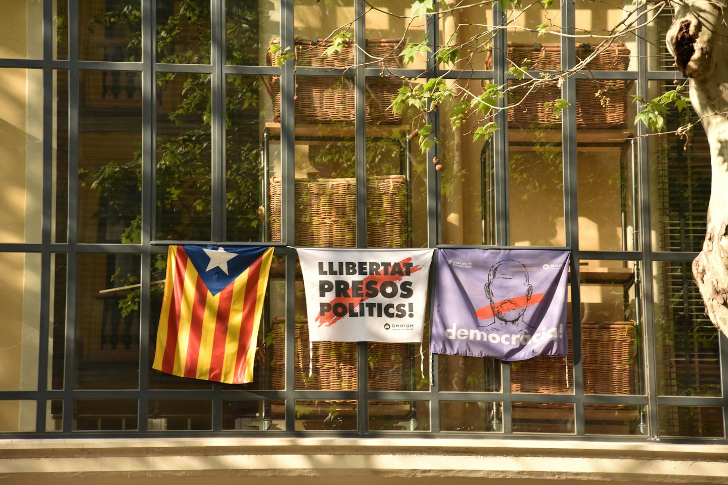 Tres pancartas políticas cuelgan frente a la moderna fachada de cristal de una tienda.